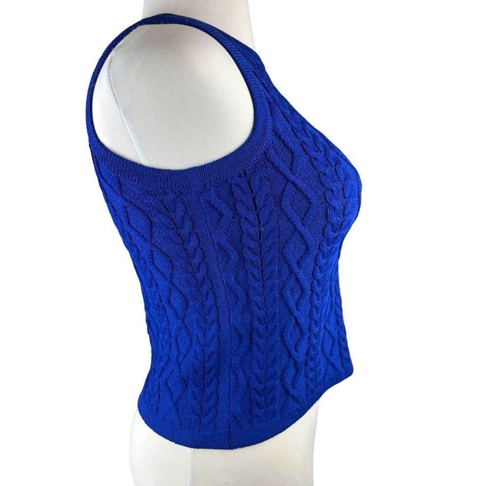 St. John Wool Blend Sleeveless Cable Knit Sweater Blue Women's P Petite H12105 - Picture 3 of 14